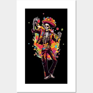 Colorful Day of the Dead Dia de Los Muertos Skeleton Dancing Posters and Art